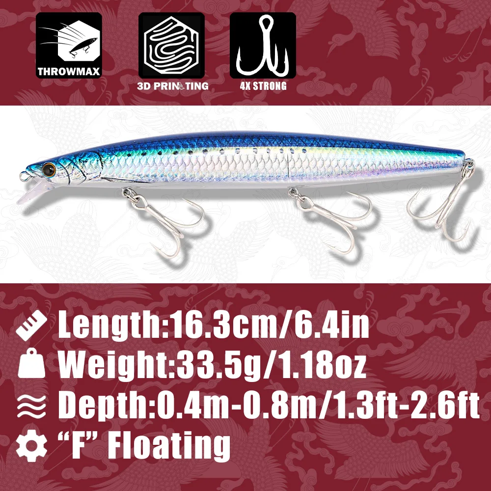 B&U 163mm/33.5g Floating Long  - Fishing Hook Treble のレビューと価格